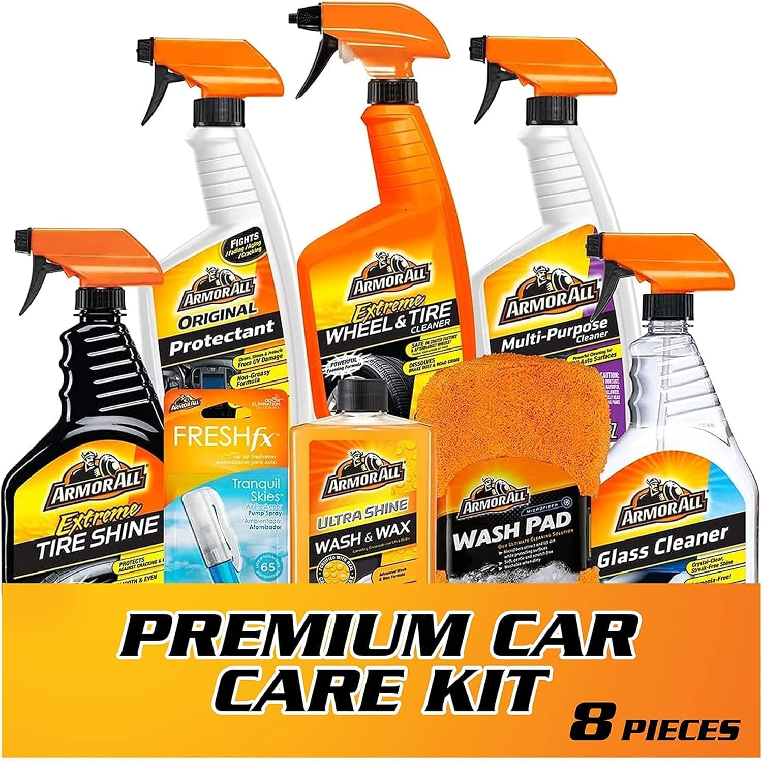 Armor All Premier Car Care Kit, with Car Wax & Wash Kit, Glass Cleaner, Car Air Freshener, Tire & Wheel Cleaner (8 Pcs Kit)