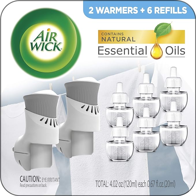 Air Wick Plug in Scented Oil Starter Kit, 2 Warmers + 6 Refills, Fresh Linen
